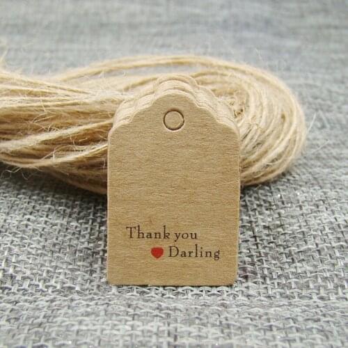 3*2cm scallop gift paper tag kraft color printed thank you100pcs +100pcs hemp string for products tagging label