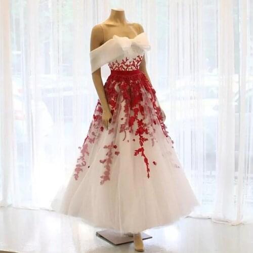 White and Red Tea Length Prom Dresses Off Shoulder Lace Appliques Short Party Evening Gowns Sequin Girls Special Occasion Dress