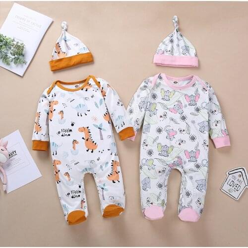 Newborn Infant Baby Boys Girls Cartoon Animal Print Romper Jumpsuit +Hat Sets Childrens long-sleeved romper Base coat soft Y4