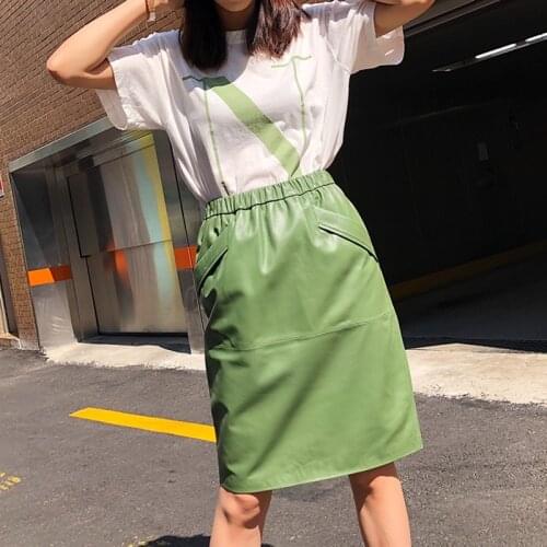 Long Skirt Natural Sheepskin Genuine Leather 2019 Fashion Female Design A Real Slim Hip Belt Skirt