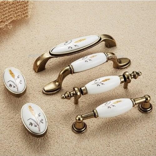 European Fashion Cabinet Drawer Knobs Furniture Wardrobe Hardware Flower Zinc Alloy Ceramic Bronze White Cupboard Kitchen Pull