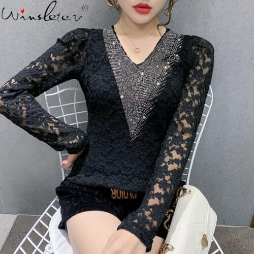 Spring Fall European Clothes T-Shirt Sexy Back V-Neck Shiny Diamonds Patchwork Lace Women Tops Casual Long Sleeve Tees T16402A