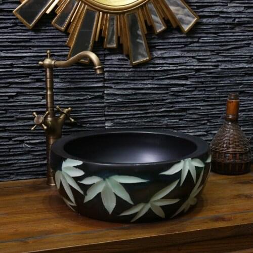 Western antique style ceramic colored bathroom luxury basin wash bowl sink round ceramic sink