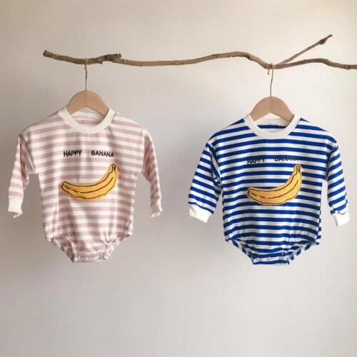 Baby Girls Striped Jumpsuit Cotton Casual Baby Clothes Spring Autumn Cute Banana Printed Baby Boys Long Sleeve Bodysuit