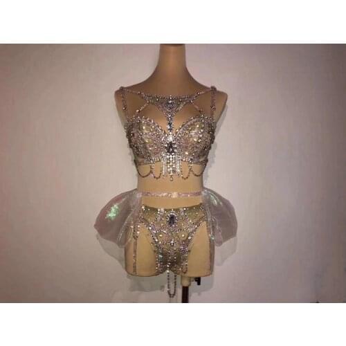 3 Pieces Sexy Bar Party DJ Singer Dance Outfit Glisten Silver Rhinestones Chain Bra Shorts Belt Bikini Performance Stage Costume