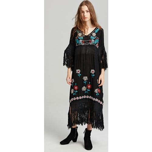 Summer new style ethnic style tour Bohemian beach resort island exquisite embroidery hollowing out mosaics dress