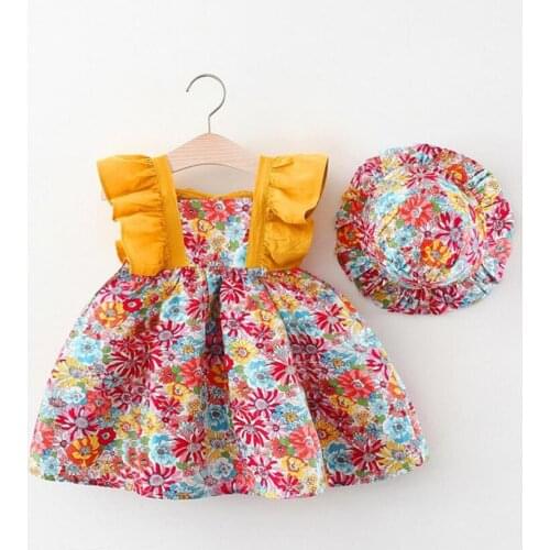 Summer Baby Girls Dress 2021 Girls Princess Dress Children Floral Print Dress+ Hat For 0-2 Years Kids Clothing