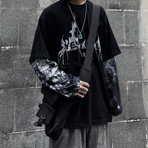 2021 high street dark bereavement hip-hop stitched loose casual vacation two-piece tie-dye long-sleeved T-shirt man