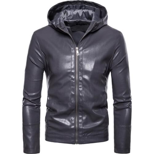 Mens hooded leather jacket simple solid color zipper PU mens jacket autumn windproof faux leather coat male biker jacket