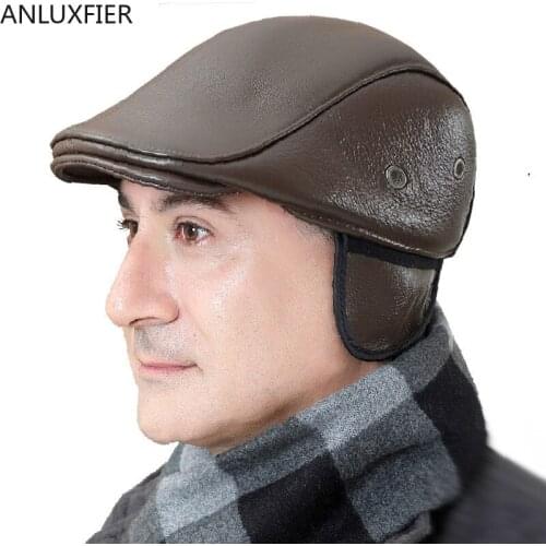 H6937 Male Genuine Leather Beret Hats Cowhide Winter Warm Ears Protection Hat Mens High Quality Berets Cap