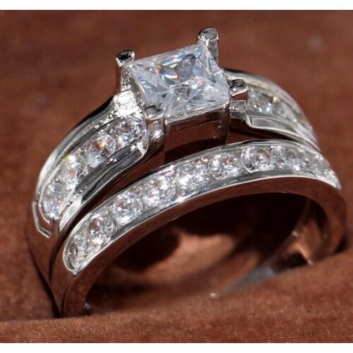 Wholesale Brand New Fashion Jewelry 925 Sterling Silver Princess Cut 5A Clear Zirconia Party Women Wedding Couple Ring Set Gift