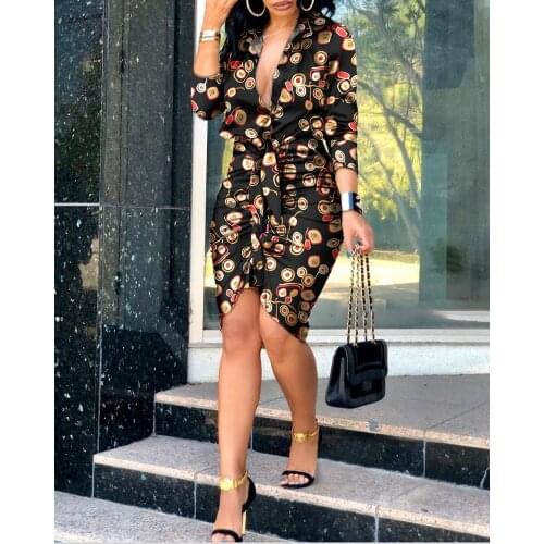 Women Summer Dress Woman Lace-up Printing Long Sleeve Midi Shirt Dresses Elegant Fashion Party Dresses for Women