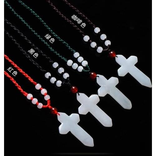 1pc Natural Emerald Cross Beads Pendant Jadeite Necklace Jewellery Fashion Accessories Hand-Carved Luck Amulet Sweater Chain