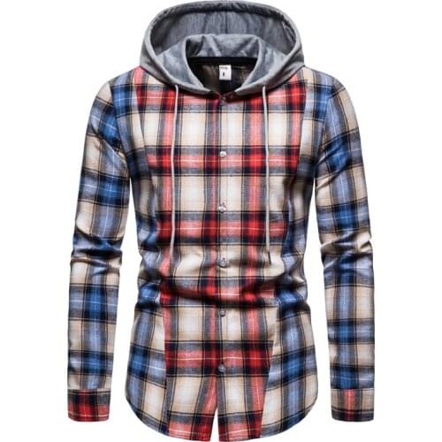 2021New Spring Autumn Hooded shirts men plaid shirt fashion Hip hop High street Patchwork Long sleeve men shirt