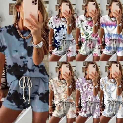 New Women Summer 2 Piece Home Clothes Floral Color Printing Short Sleeve Shirt Shorts Top Pajamas Female Loose Casual Nightwear