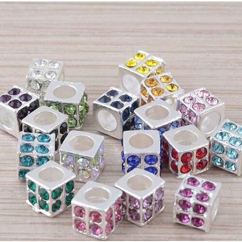 TUMBEELLUWA 1Lot (20Pc) Multicolor Crystal Rhinestone Cube Cubic Dice Charm Beads Findings Fit European EP Bracelet