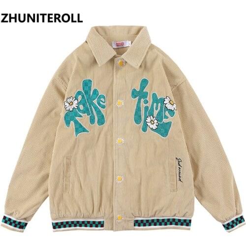 2021 Bomber Corduroy Jackets Harajuku Embroidery Letter Button Baseball Jacket Coats Streetwear Hip Hop Fashion Casual Outerwear