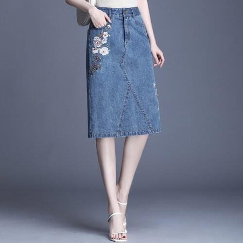 Floral Embroidered Denim Midi Skirts Womens 2020 Spring Summer New Korean Style High Waist Bodycon Skirt Elegant