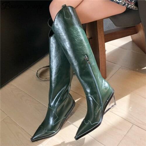 Buono Scarpe Genuine Leather Knee High Boots Women Pointed Toe Wedges Shoes Female Western Transparent Heels Long Botas Fenimina