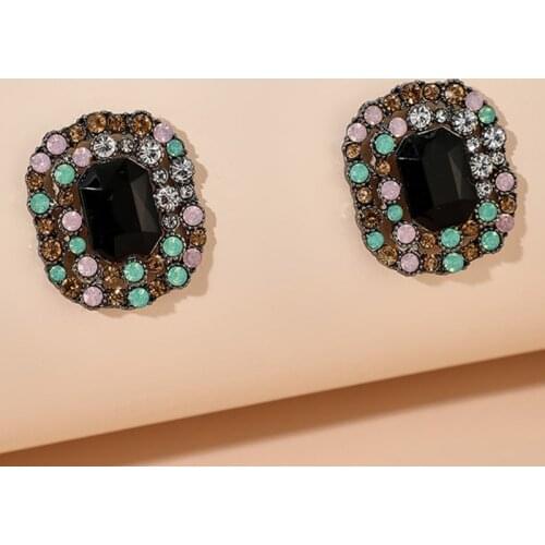 Docona Vintage Black Geometric Stud Earrings for Women Elegant Colorful Crystal Earrings Weddings Charming Jewelry Gift 9441