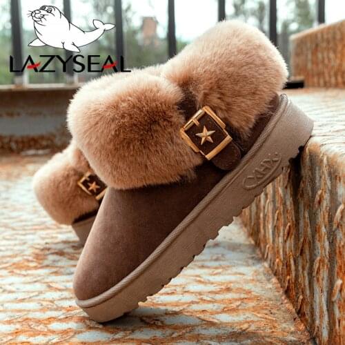 LazySeal Warm Winter Snow Boots Furry Shoes Women Buckle Star Female Pleated Plush Lining Warm Platform Felt Snow Booties