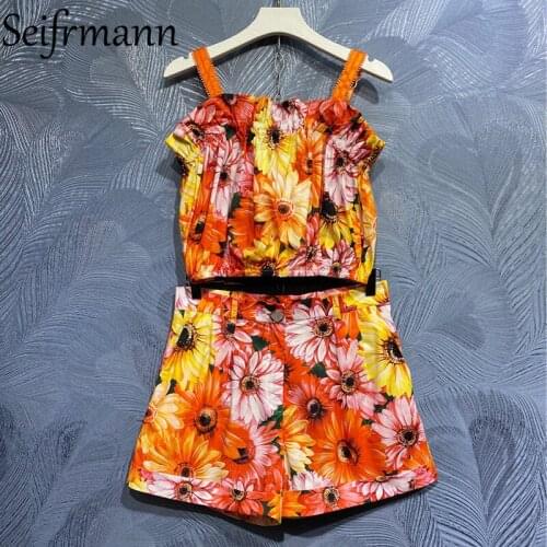 Seifrmann New 2021 Summer Women Fashion Runway Cotton Shorts Set Sexy Spaghetti Strap + High Waist Floral Printed Shorts Suits