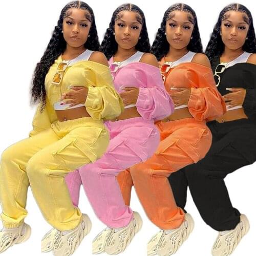 Women Two Piece Casual Tracksuit Solid Long Sleeve Zip Up Hoodies & Slim Cargo Pocket Pants Set Fashion Streetwear Matching Set