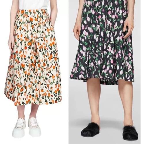 100% Cotton Women Elastic Waist Midi Dress 2021 New Summer Tulip Oil Painting Print Ladies Fashion Jupe