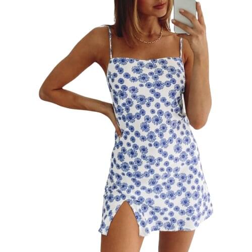 2021 Womens Summer Casual Suspender Split Dress Fashion Floral Boat Neck A-line Short Dress