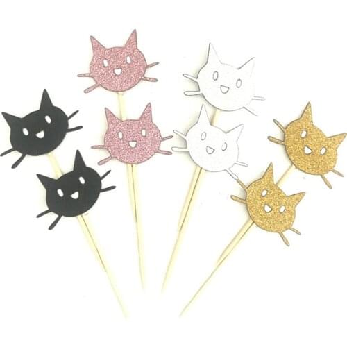12PCS Cute Animal Cat Cake Topper Cat Cupcake Toppers Pick Wedding Children Birthday Party Decoration Sliver Gold Pink Black