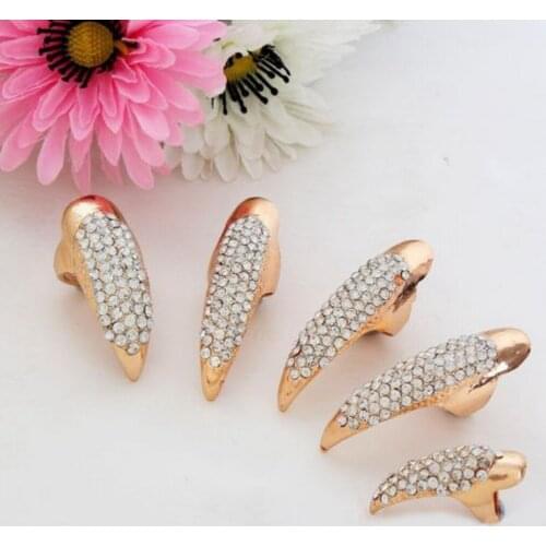 5pcs Salon False Nail with Rhinestones Finger Ring Claw Long Shiny Crystal Nails Art Tips Nail Decorations