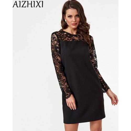 AIZHIXI Ladies Lace Patchwork Straight Dress 2021 Spring Summer Hollow Out Long Sleeve O Neck Elegant Short Dresses For Women