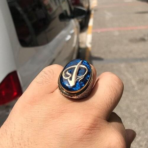 Aleph Vav Letter Custom Design Ocean Pearlescent Hand Production Silver Men 'S Ring