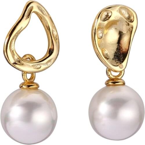 Asymmetric Pearl Ear Stud 925 Sterling Silver Earrings Ins Geometric Minimalist Celebrity Net Red Design Ear Stud Gold-Plated