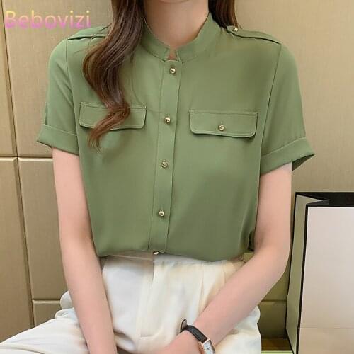 S-XXL 2021 New Fashion Black Green Summer Casual Short Sleeve Women Button Up Tops and Shirts Office Lady Work Clothes