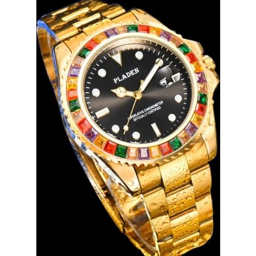 PLADEN Candy Diamond Men Wristwatch Luminous Gold Round Fashion HipHop Man Watches Stainless steel Relógio masculino waterproof
