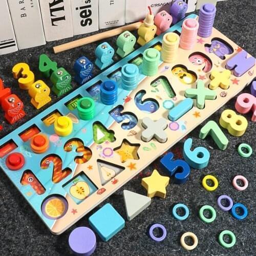 Montessori Educational Wooden Puzzles Multi-function Math Board Baby Learn To Count Numbers Matching Geometric Figures Toys Gift