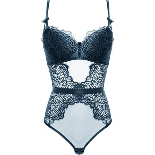 Sleeveless Bodysuits For Women Sexy Lingerie Balconette Underwire Padded Push Up Bra Lace Hollow Out Shapewear Romper Jumpsuit