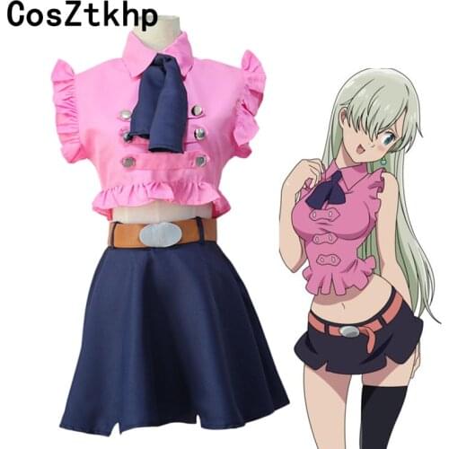 Anime The Seven Deadly Sins Elizabeth Liones Uniform Cosplay Costume Full Set Dress ( Top + Skirt + Bow tie + Belt )