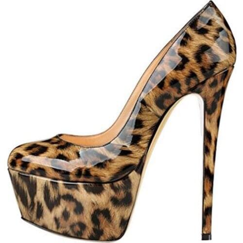 Linamong Leopard Black Red Yellow Pink Patent Leather Shallow Platform Pumps Woman Thick Sole 160 mm Stiletto Heels Party Shoes