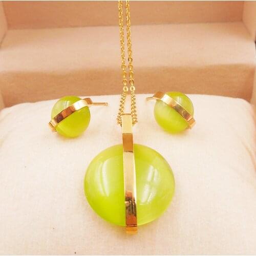 Cute Women Stainless Steel Jewelry yellow color Big Opal Couple Earrin gs Pendant Necklace set EV-G139