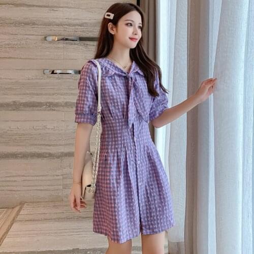 Korean Purple Sweet Plaid Mini Women Summer New Puff Sleeve Slim Students Chic A-line Dress Vestidos Femme Robe