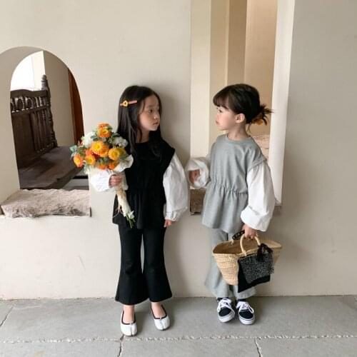 Girls fashion patchwork long sleeve clothes sets Korean style Tops and flared trousers 2pcs children casual outfits