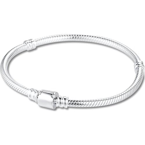 Moments Barrel Clasp Snake Chain pulseras Sterling Silver Bracelets For Woman DIY beads for Jewelry making Woman Silver Bracelet