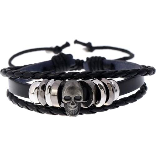 Jessingshow Punk Manual Weave For Men Bracelet Fashions Hand Strap Creative Multi-layer Leather Bracelet Alloy Skull Accessories
