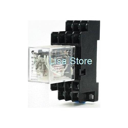 MY4J AC12V Coil 5A 240V AC 28V DC 35mm DIN Rail Power Relay 14 Pin 4PDT w Socket