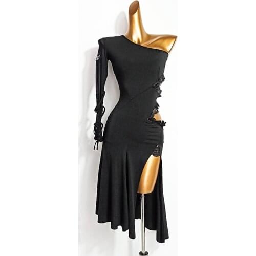 New Latin Dance Dress One-should Personality Dance Show Parctise Competition Party Clothes for Women Side Split Skirt