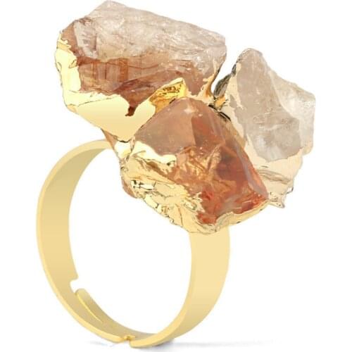 Wholesale 3pcs/Lot Natural Stone Gold Color Ring Irregular Yellow Crystal Quartz Rings for Women Adjustable Handmade Wedding