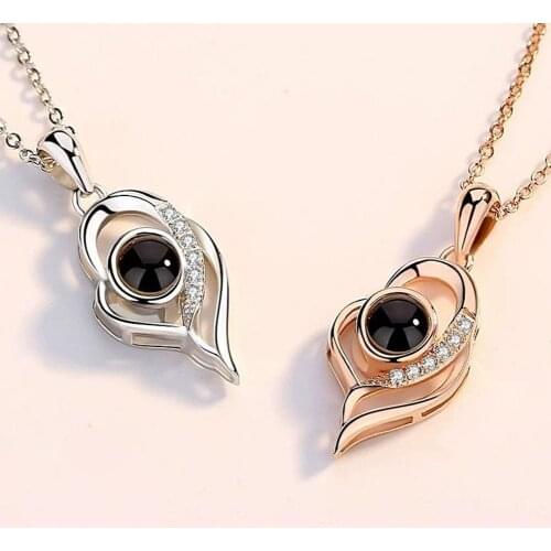Romantic I Love You in 100 Languages Necklace Women Rhinestone Inlaid Hollow Heart Projection Pendant Necklaces for Women Gift