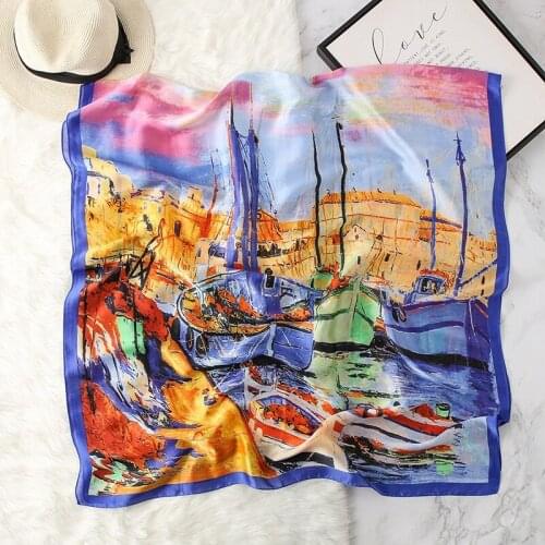 Tourism Necessary Summer Silk Pareo Womens Oil Painting Swimsuits Beach Cover Up Digital Print Long Swimwear Wrap 180cm*90cm